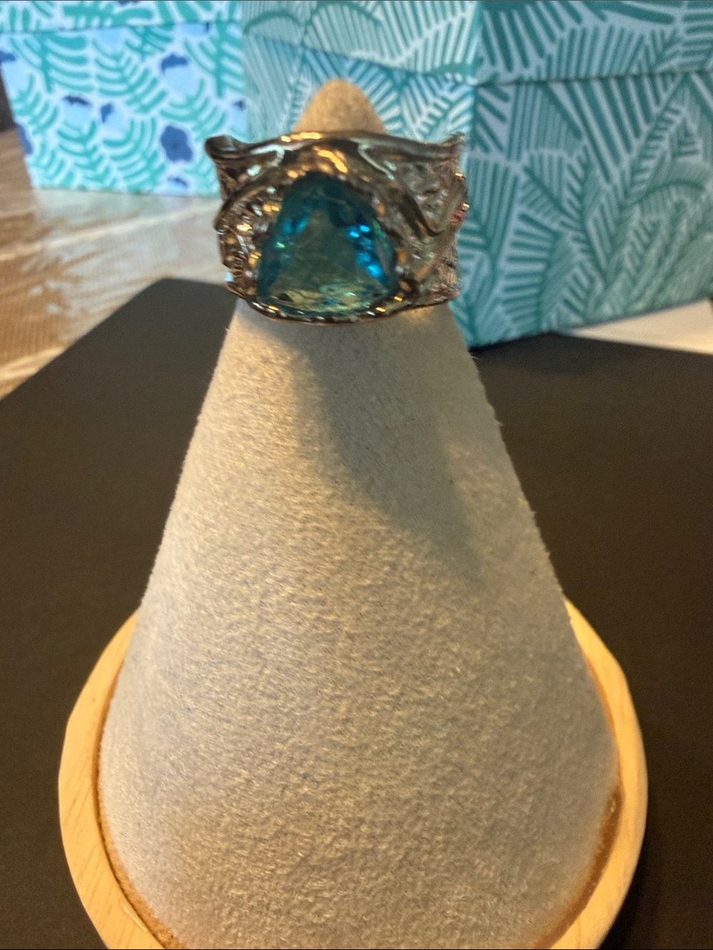Silver-Tone Ring with Blue Teardrop Gem